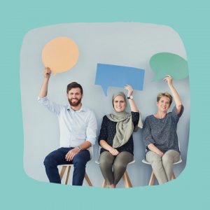 The image represents the 'Your Feedback Matters' Page and shows three people sitting on chairs holding up speech bubble symbols 