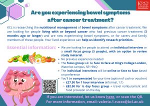 Additional information within graphic image: In person groups will take place at King's College London Waterloo Campus, SE1 9NQ. Individual interviews will be in person or online based on personal preference. Compensation of your time (option of cash or voucher) £27.50 for a 1 hour individual interview. £82.50 for half day focus group. for more information email valeria.1.rucco@kcl.ac.uk
